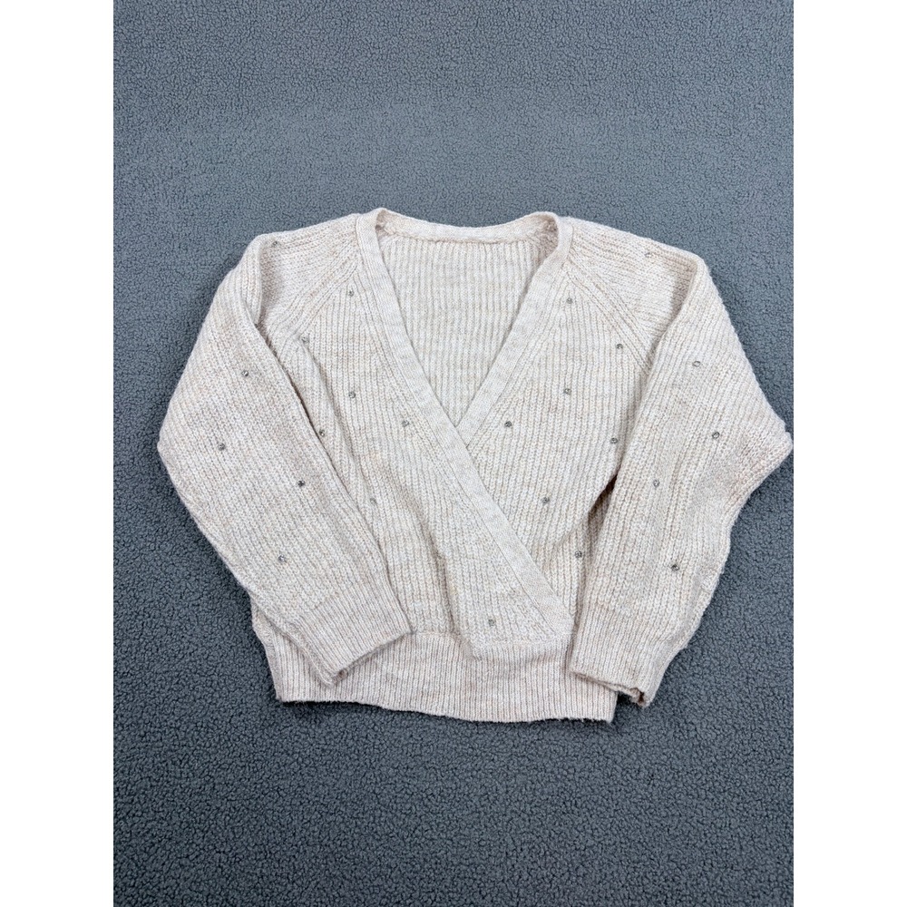 ASTR The Label Sweater Womens XS Beige Rhinestone Ribbed Knit Surplice Wrap Crop